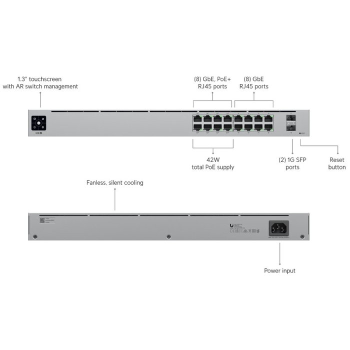Ubiquiti UniFi USW-16-POE con 16 puertos Gigabit, 8 PoE+ y pantalla táctil